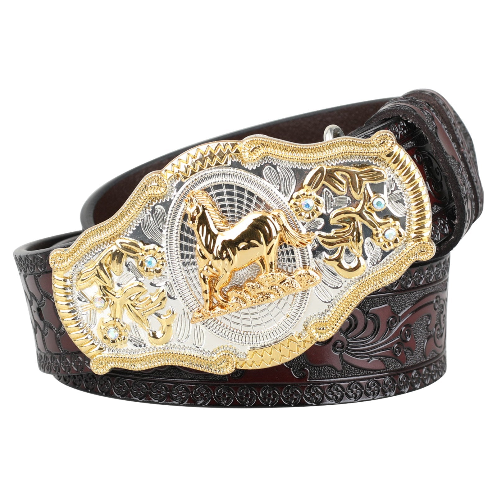 Black Western Leather Belt Gold Silver Rodeo Buckle Cowboy - CowderryBeltsHorse