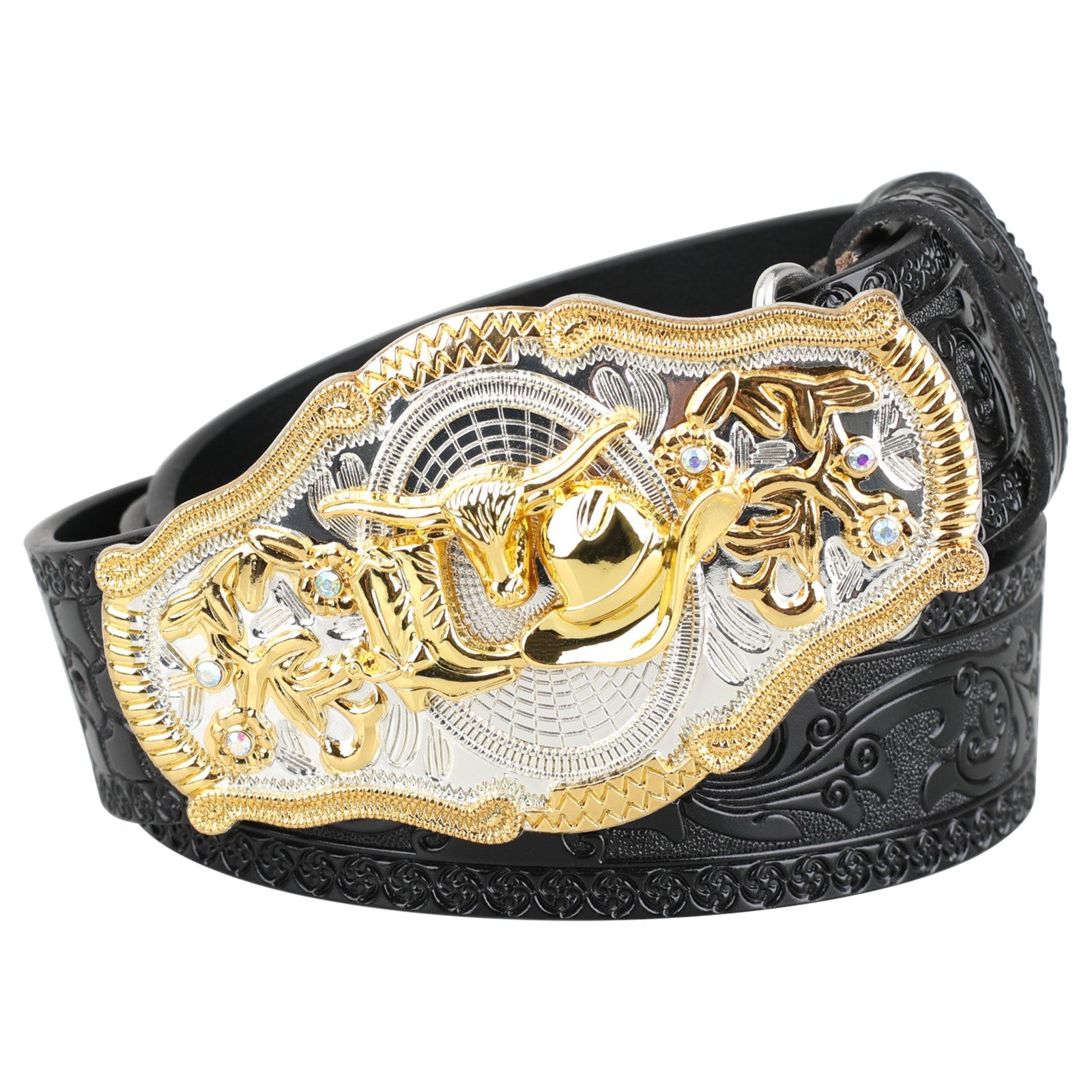 Black Western Leather Belt Gold Silver Rodeo Buckle Cowboy - CowderryBeltsLonghorn