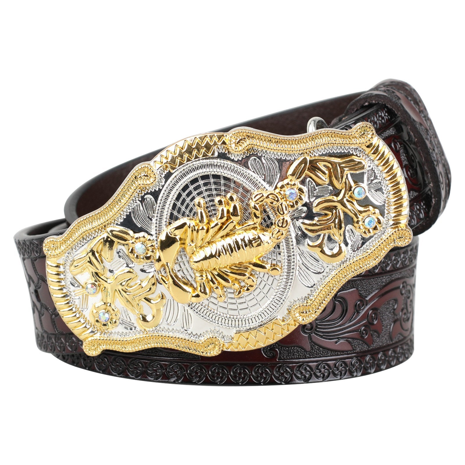 Black Western Leather Belt Gold Silver Rodeo Buckle Cowboy - CowderryBeltsScorpion