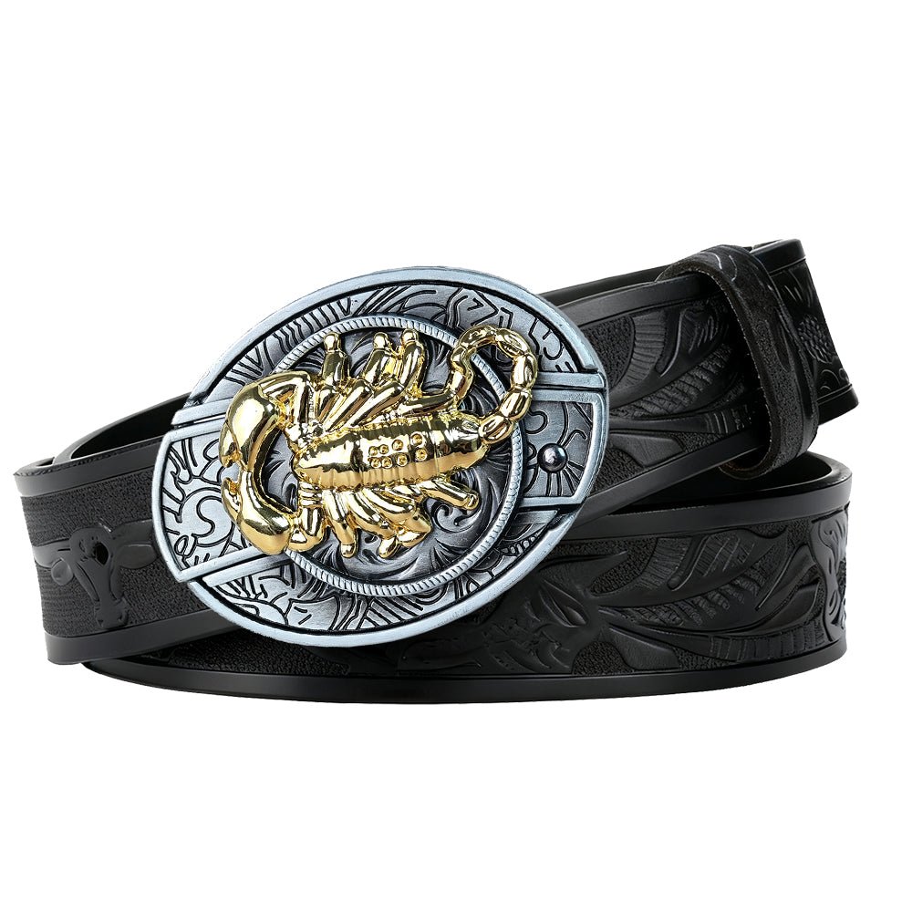 Country Leather Longhorn Belt with Antique Silver Cowboy Buckle - CowderryBeltsGold Scorpion