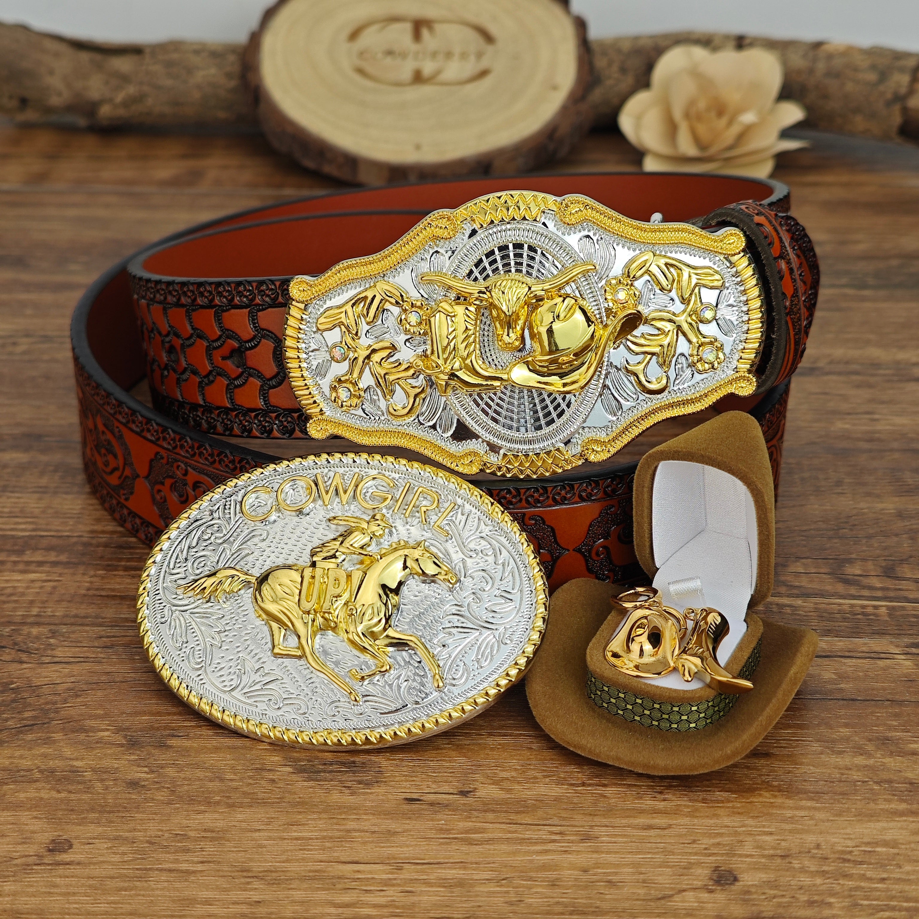 Cowgirl Western Gift Set Belt Buckle Earrings Longhorn Horse Country Rodeo Women - CowderryJewelry Sets28-34 (Fit Waist 26-32 in)