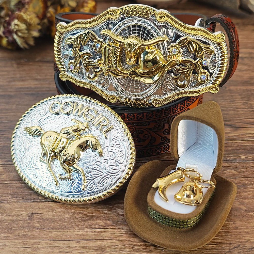Cowgirl Western Gift Set Belt Buckle Earrings Longhorn Horse Country Rodeo Women - CowderryJewelry Sets28-34 (Fit Waist 26-32 in)