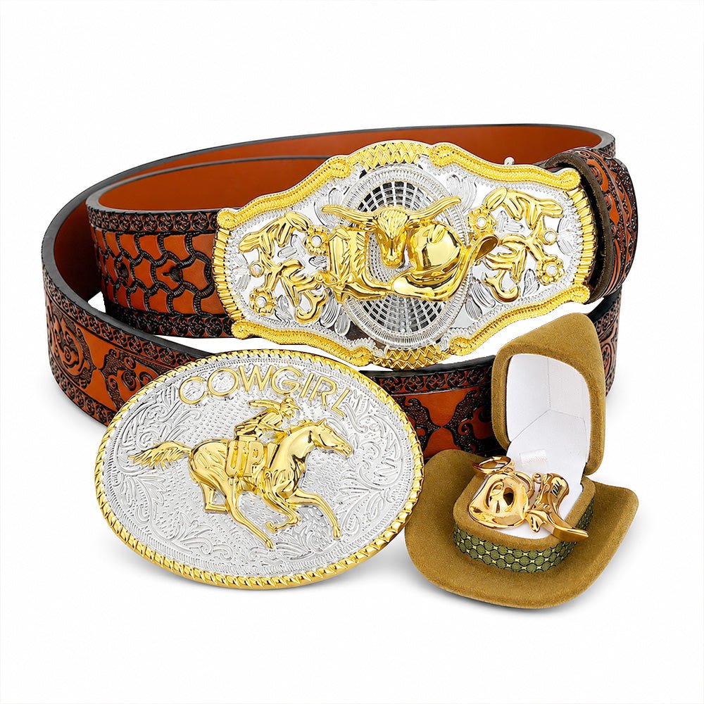 Cowgirl Western Gift Set Belt Buckle Earrings Longhorn Horse Country Rodeo Women - CowderryJewelry Sets28-34 (Fit Waist 26-32 in)