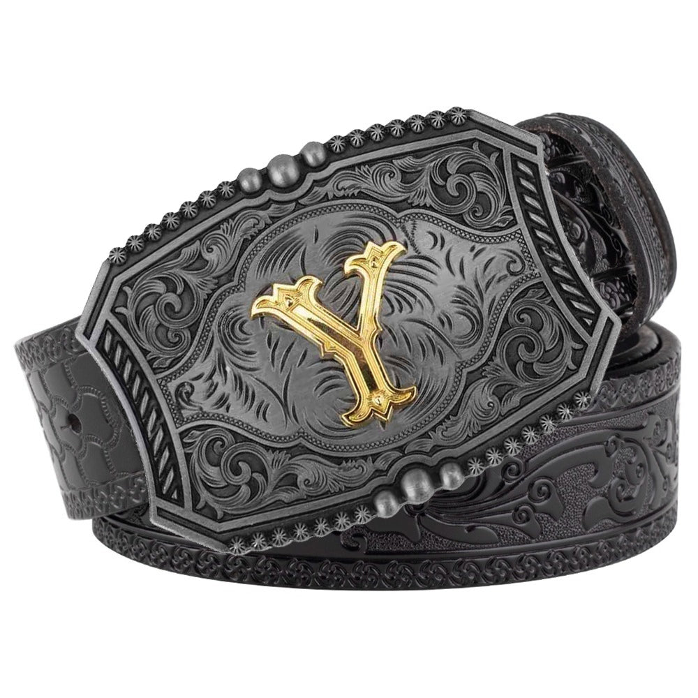Western Floral Engraved Black Leather Belt with Gold Initial Letters A-Z Buckle