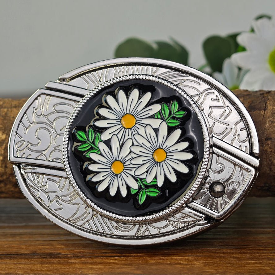 Daisy Flower Oval Western Belt Buckle White - CowderryBelt Buckles