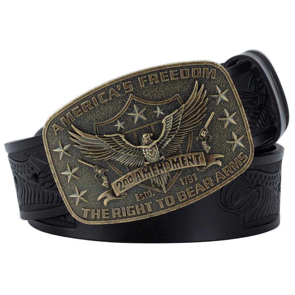 Eagle Tooled Leather Belt 2nd Amendment Patriot Buckle - CowderryBeltsAntique Gold