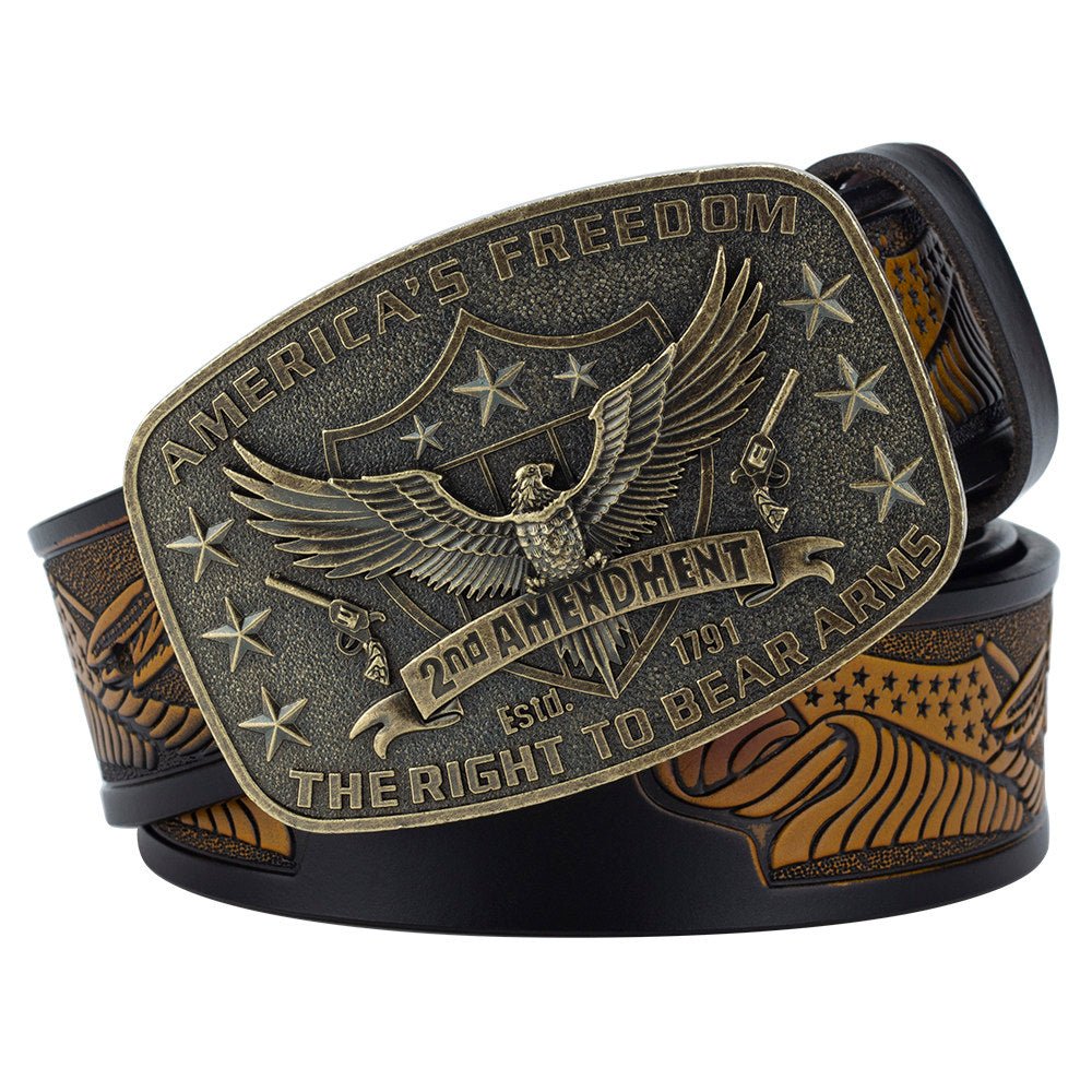 Eagle Tooled Leather Belt 2nd Amendment Patriot Buckle - CowderryBeltsAntique Gold