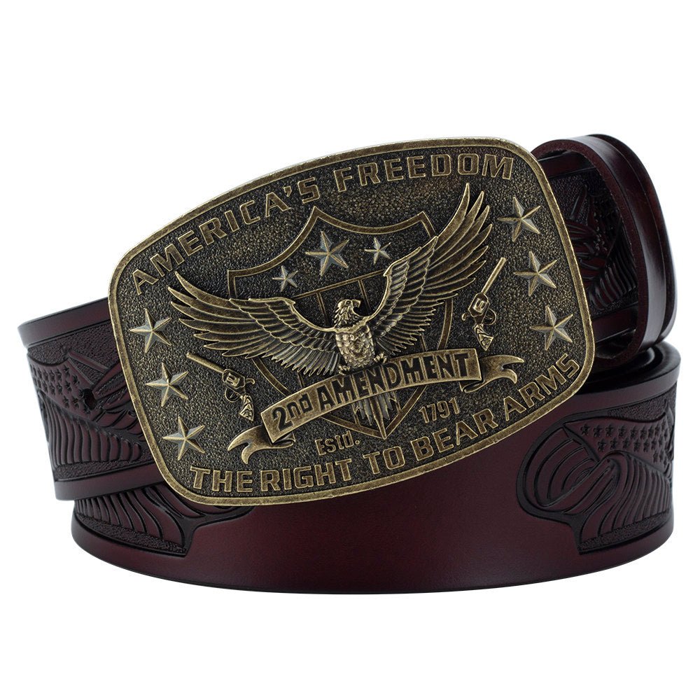 Eagle Tooled Leather Belt 2nd Amendment Patriot Buckle - CowderryBeltsAntique Gold