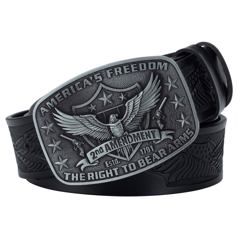 Eagle Tooled Leather Belt 2nd Amendment Patriot Buckle - CowderryBeltsAntique Silver
