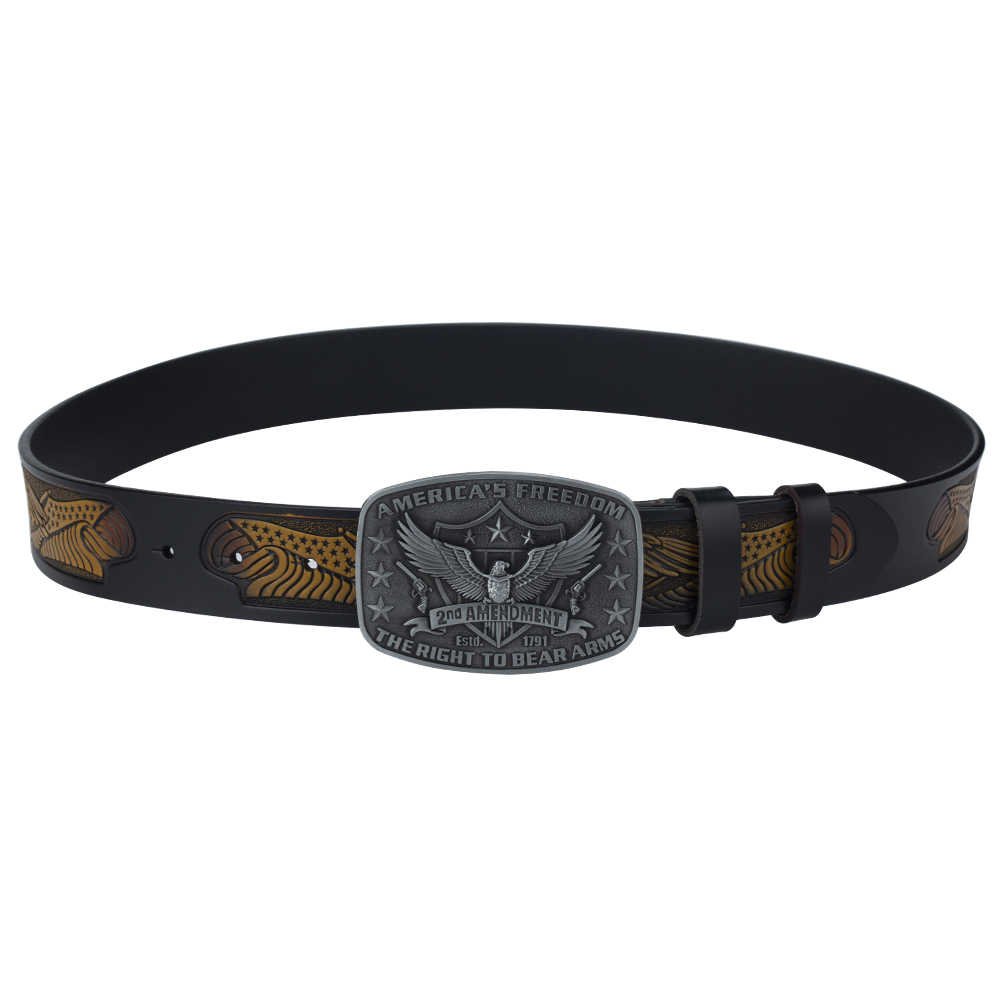 Eagle Tooled Leather Belt 2nd Amendment Patriot Buckle - CowderryBeltsAntique Silver