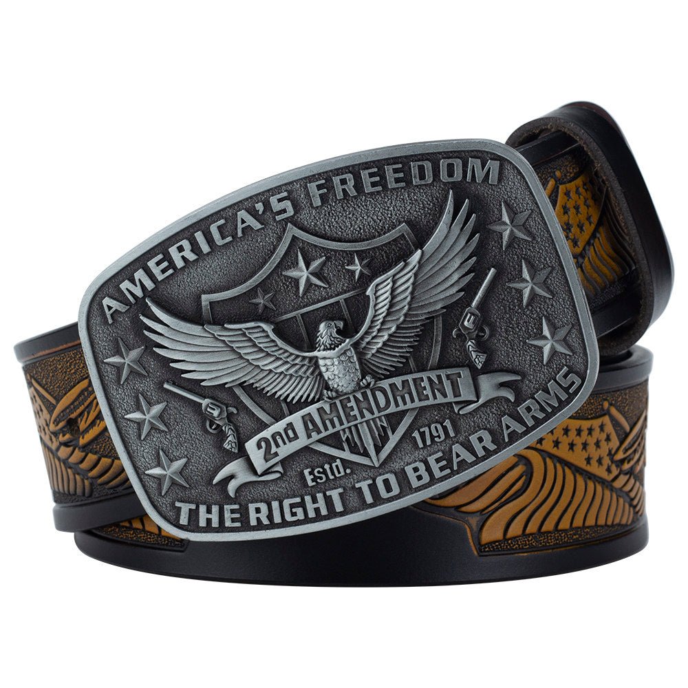Eagle Tooled Leather Belt 2nd Amendment Patriot Buckle - CowderryBeltsAntique Silver