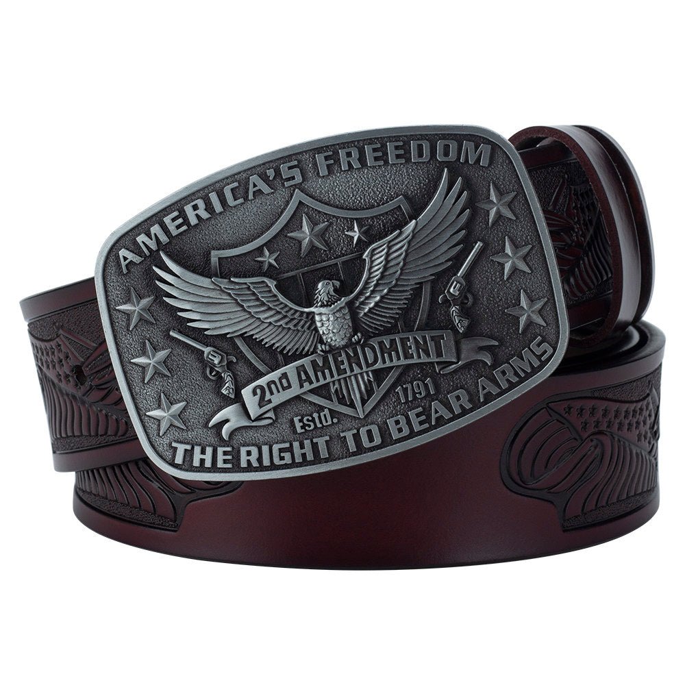 Eagle Tooled Leather Belt 2nd Amendment Patriot Buckle - CowderryBeltsAntique Silver