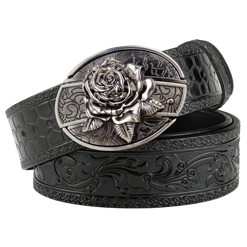 Embossed Black Leather Western Belt - CowderryBeltsRose