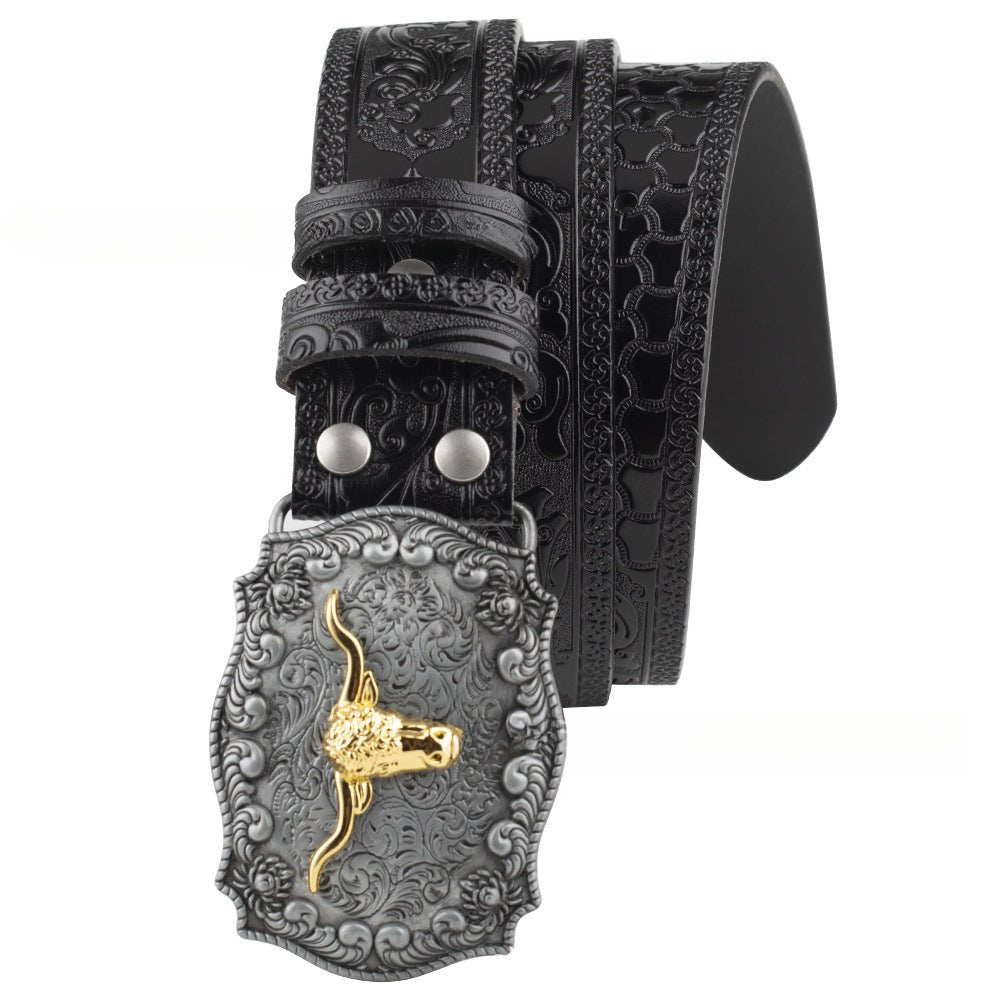 Embossed Country Leather Belt with Floral Longhorn Bull Buckle - CowderryBlack