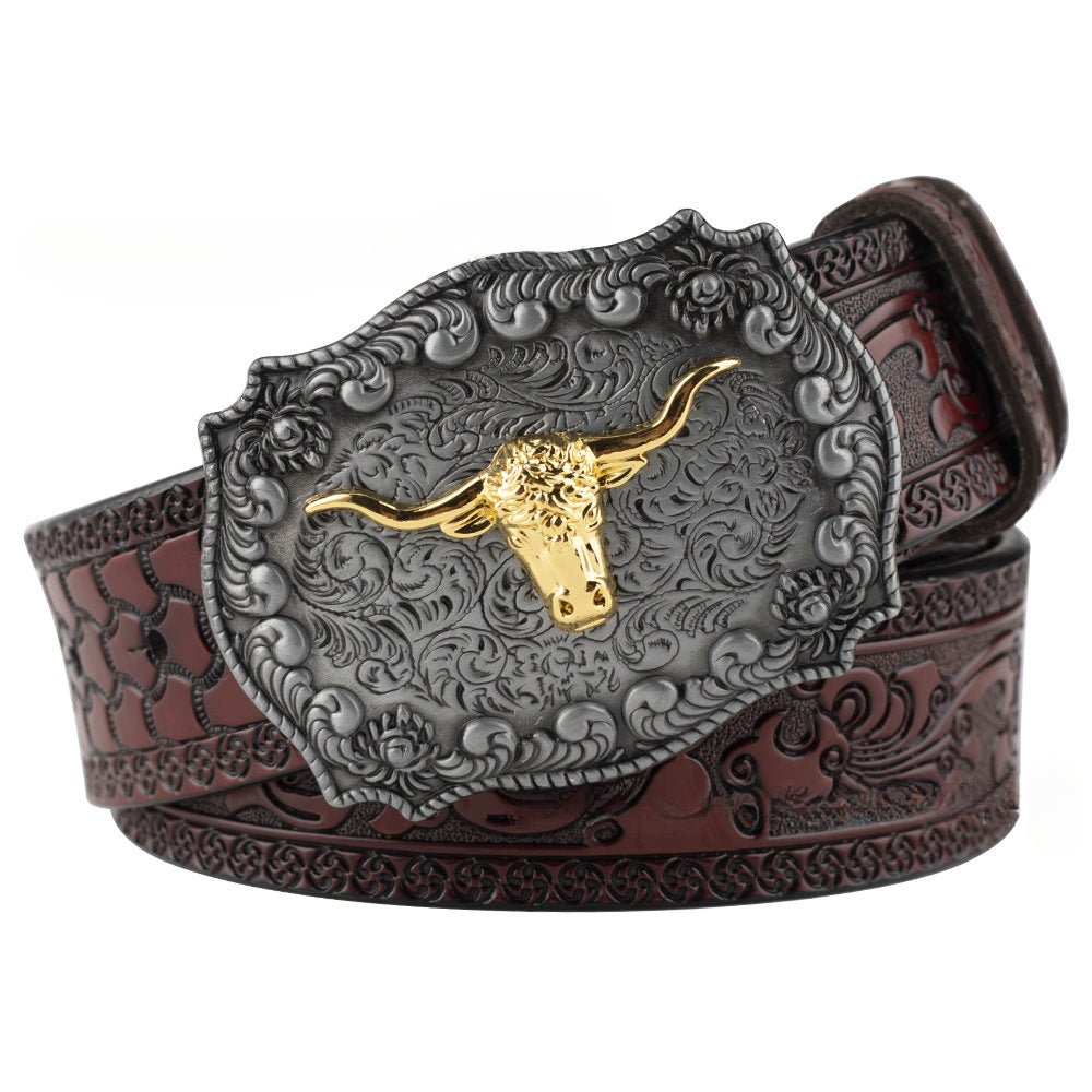 Embossed Country Leather Belt with Floral Longhorn Bull Buckle - CowderryBrown