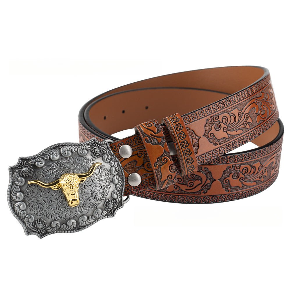 Embossed Country Leather Belt with Floral Longhorn Bull Buckle - CowderryBrown