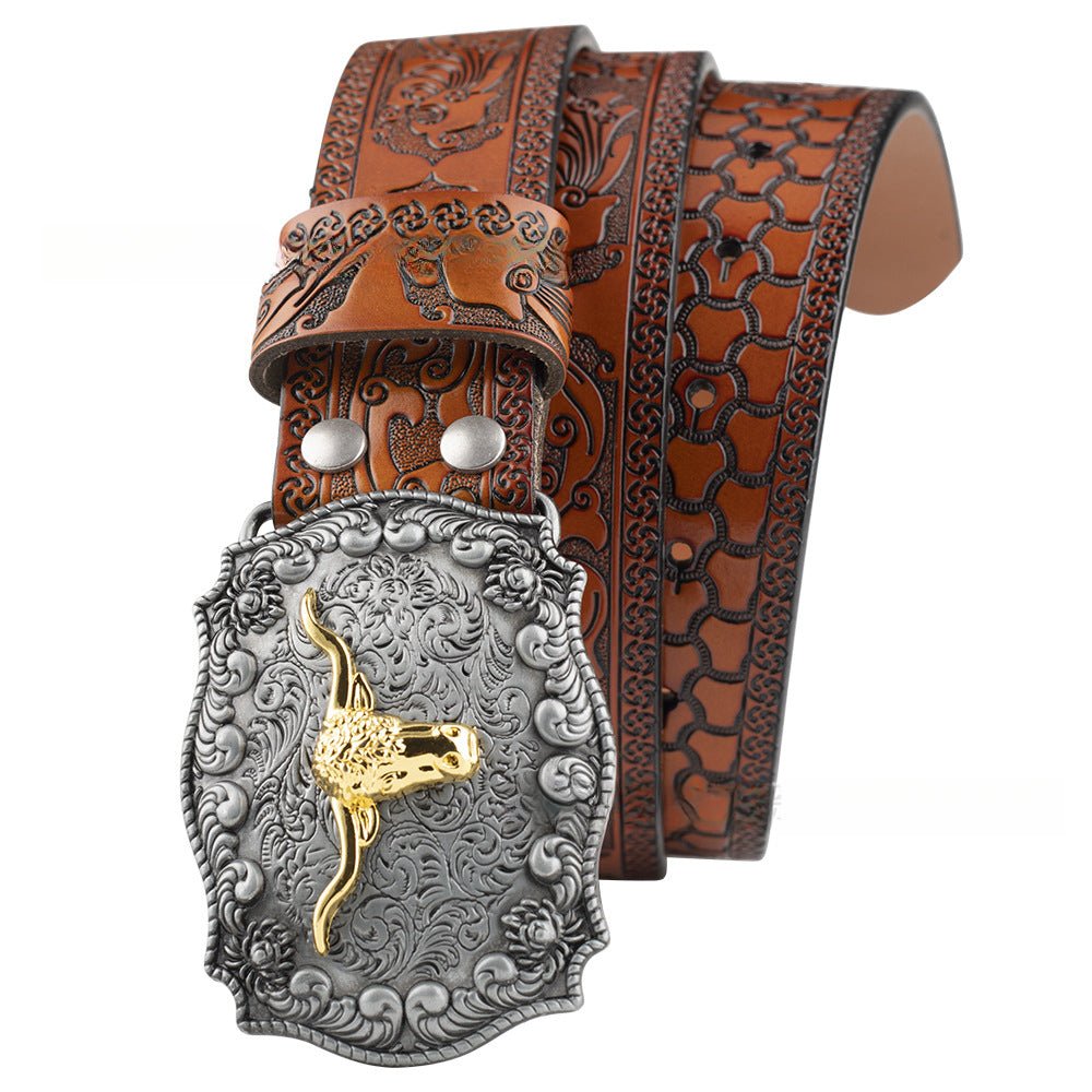 Embossed Country Leather Belt with Floral Longhorn Bull Buckle - CowderryBrown