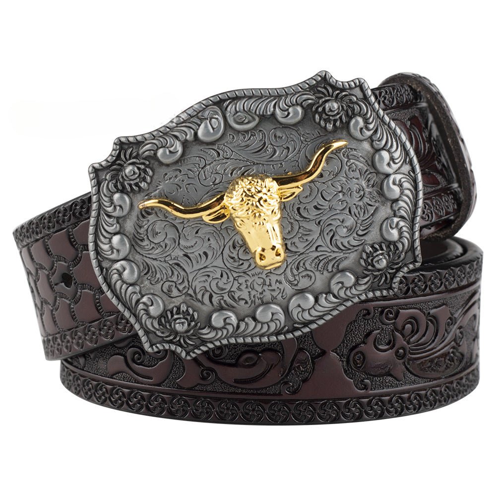 Embossed Country Leather Belt with Floral Longhorn Bull Buckle - CowderryDark Brown