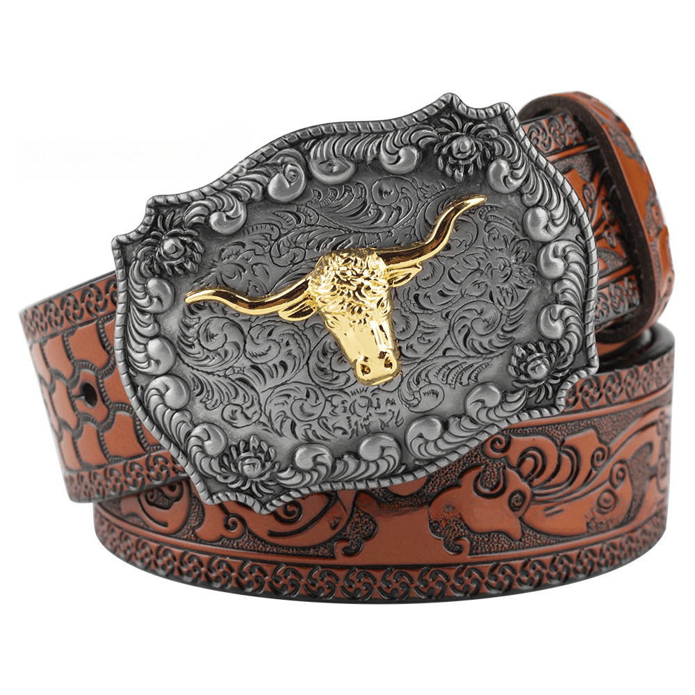 Embossed Country Leather Belt with Floral Longhorn Bull Buckle - CowderrySaddle Tan