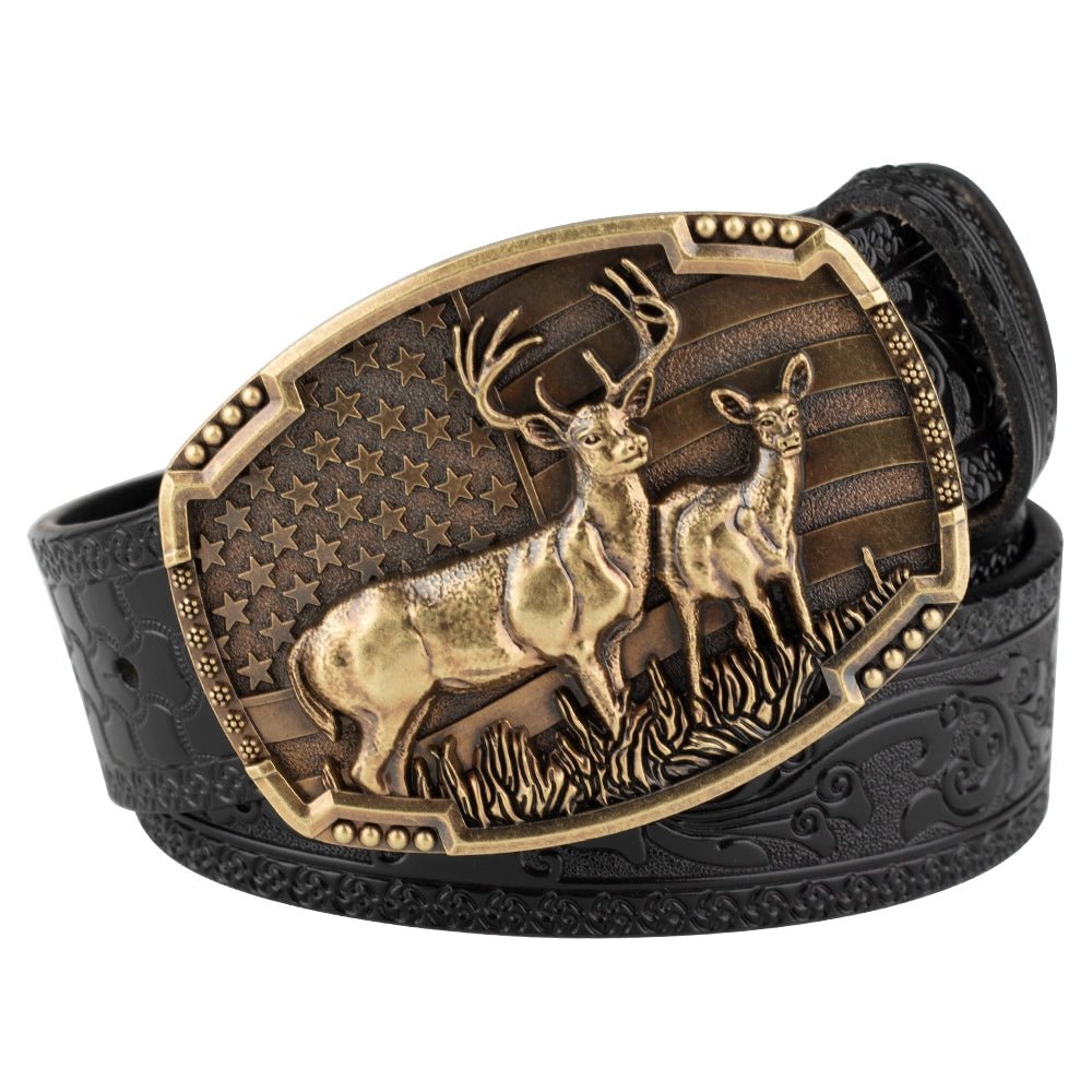 Embossed Country Leather Western Belt with Double Deer Buckle - CowderryBeltBlack