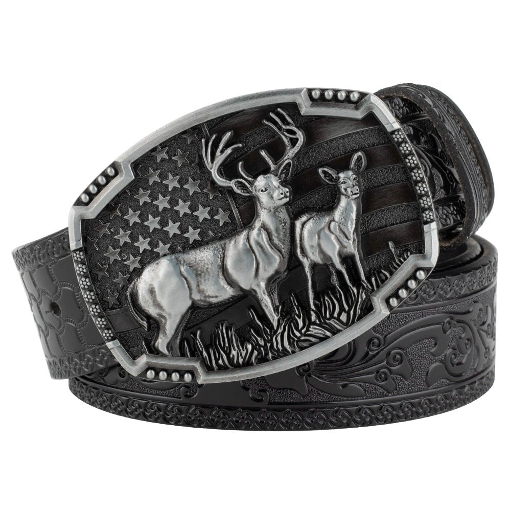 Embossed Country Leather Western Belt with Double Deer Buckle - CowderryBeltBlack