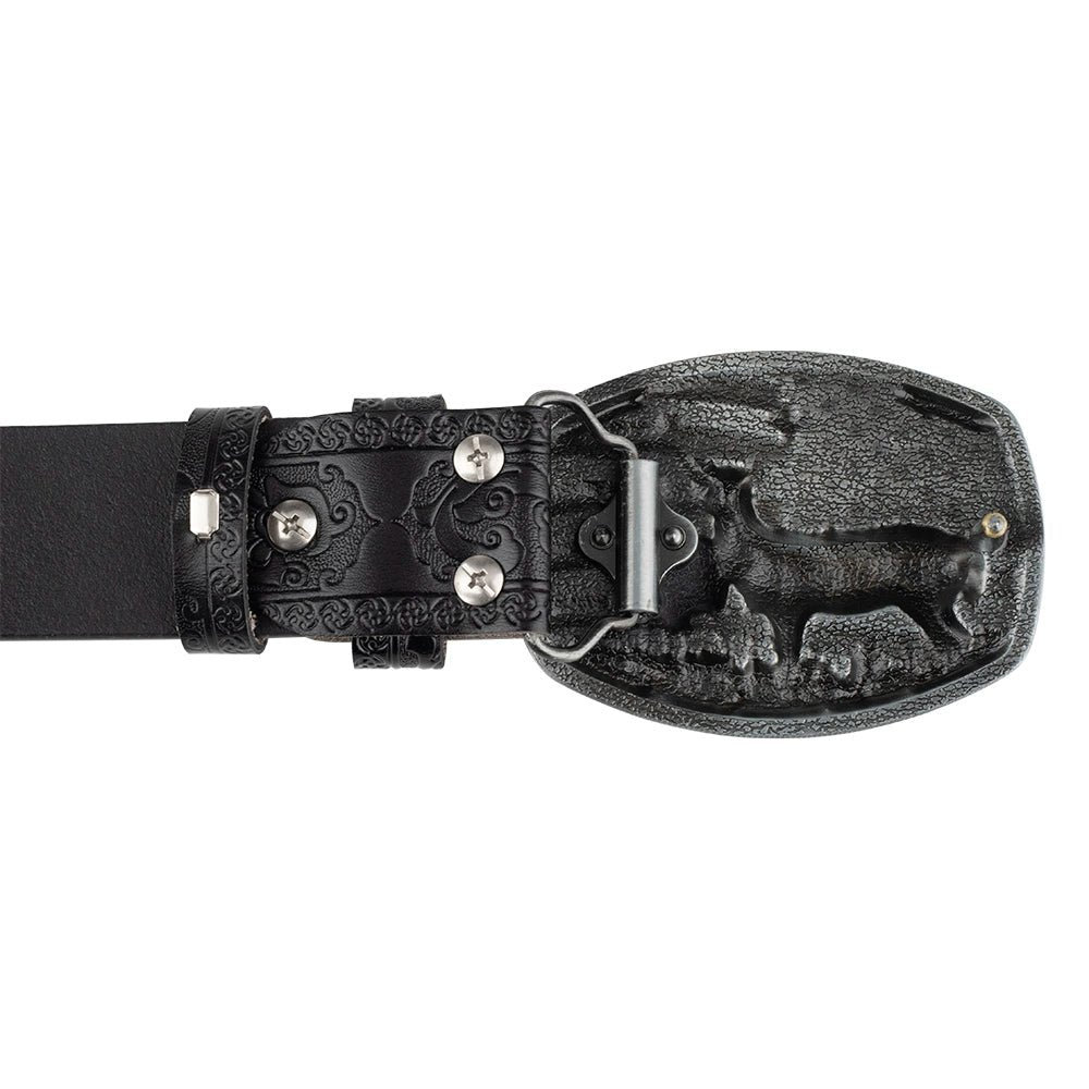 Embossed Country Leather Western Belt with Double Deer Buckle - CowderryBeltBlack