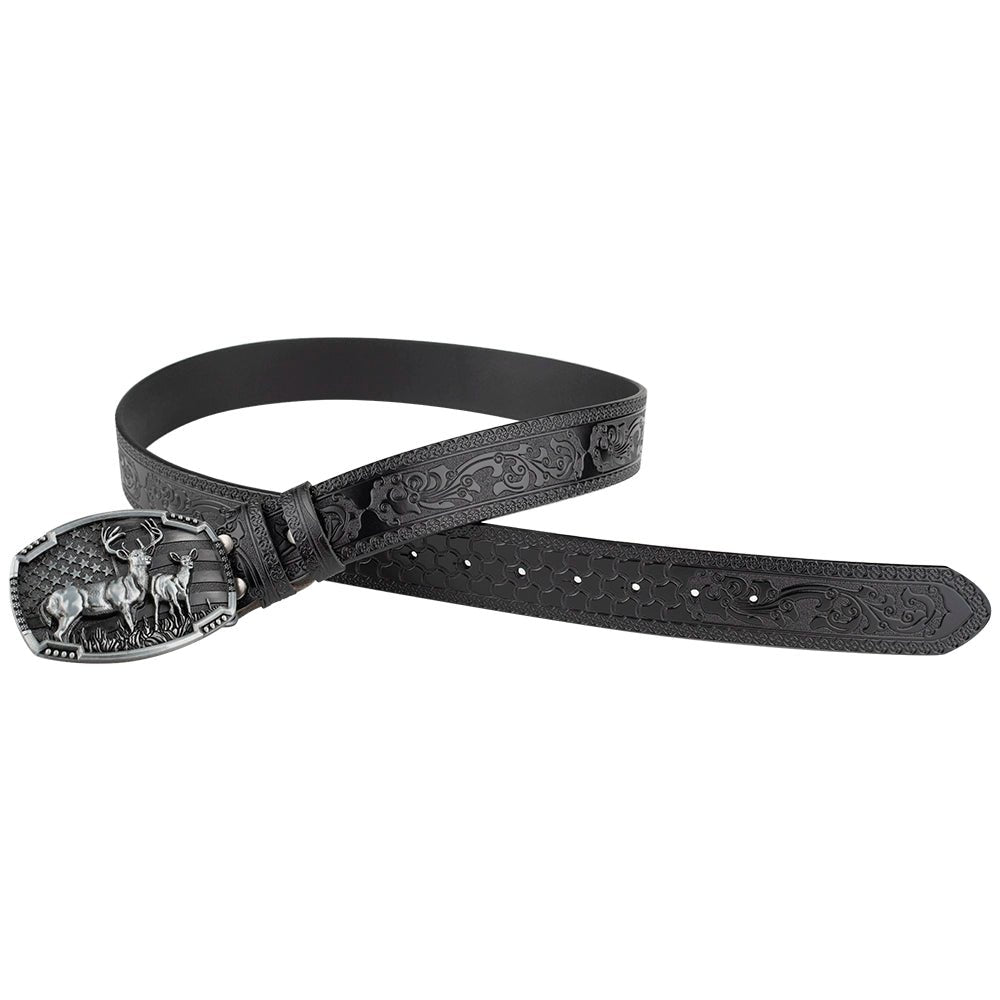 Embossed Country Leather Western Belt with Double Deer Buckle - CowderryBeltBlack
