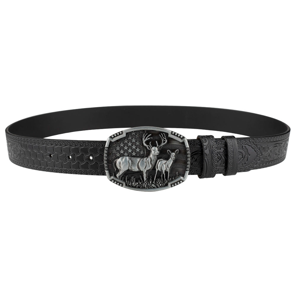 Embossed Country Leather Western Belt with Double Deer Buckle - CowderryBeltBlack
