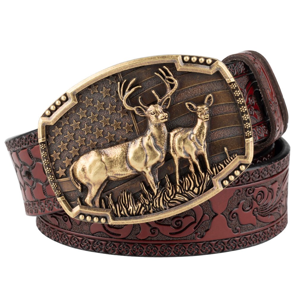 Embossed Country Leather Western Belt with Double Deer Buckle - CowderryBeltBrown