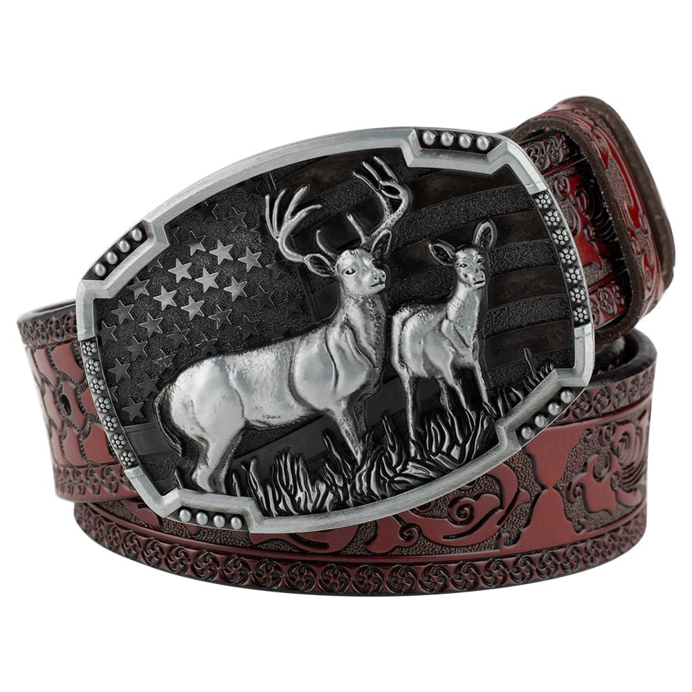 Embossed Country Leather Western Belt with Double Deer Buckle - CowderryBeltBrown