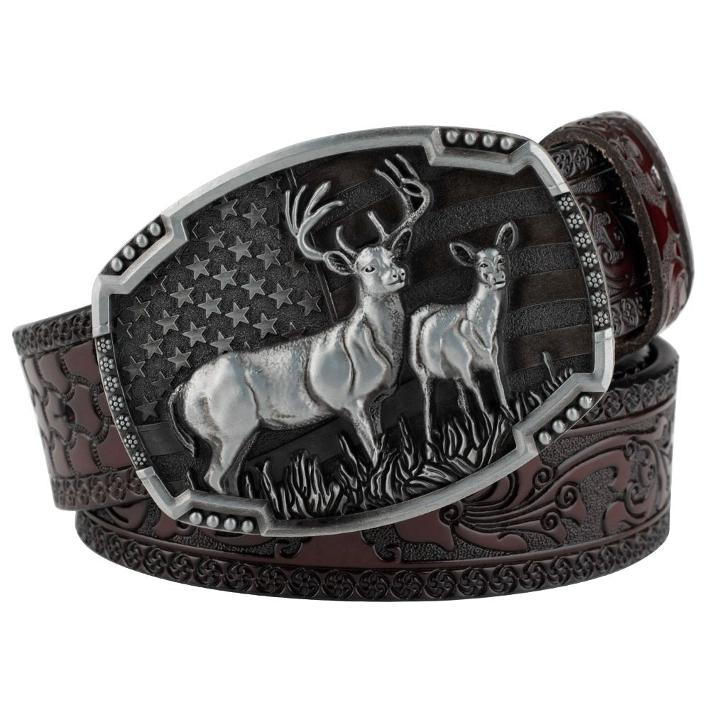Embossed Country Leather Western Belt with Double Deer Buckle - CowderryBeltBrown