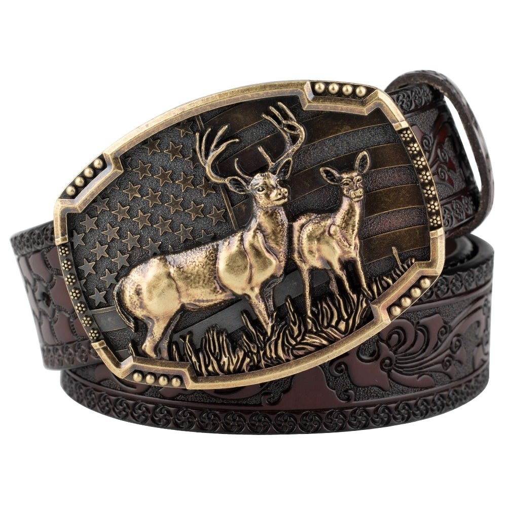 Embossed Country Leather Western Belt with Double Deer Buckle - CowderryBeltDark Brown
