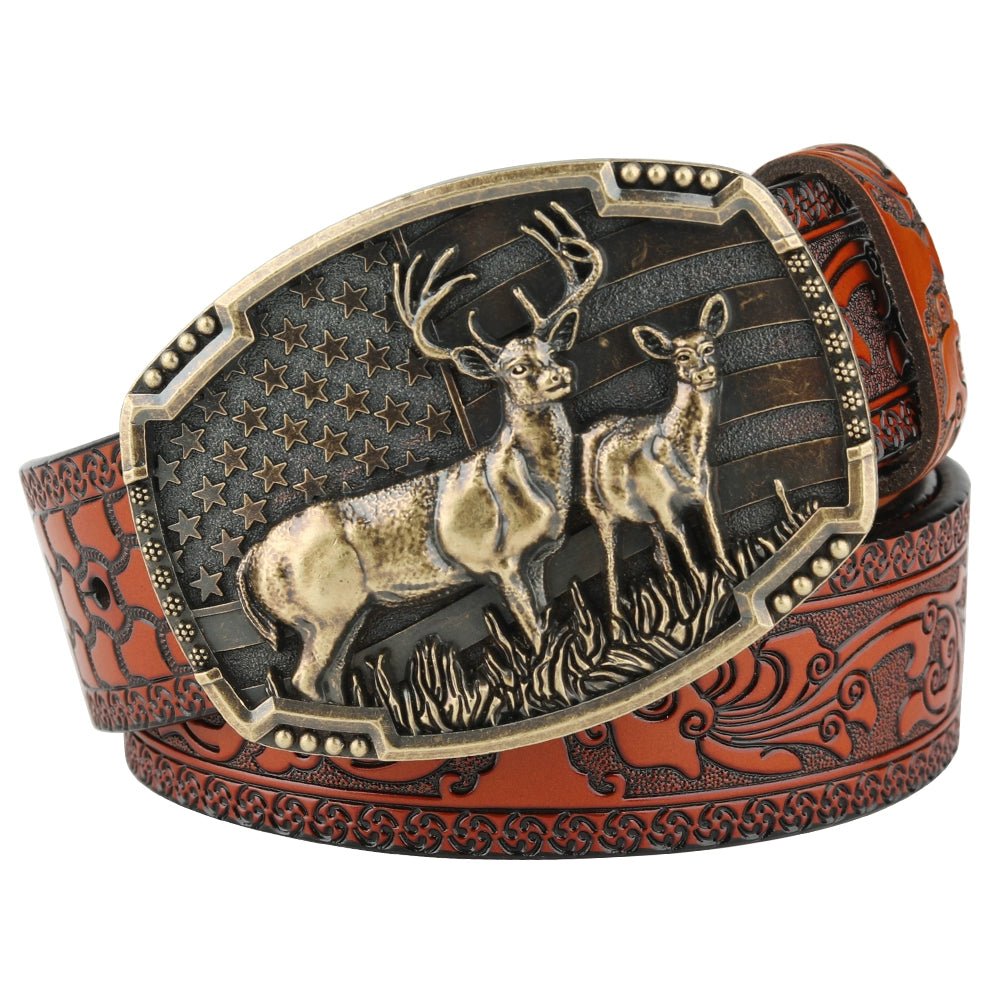 Embossed Country Leather Western Belt with Double Deer Buckle - CowderryBeltSaddle Tan