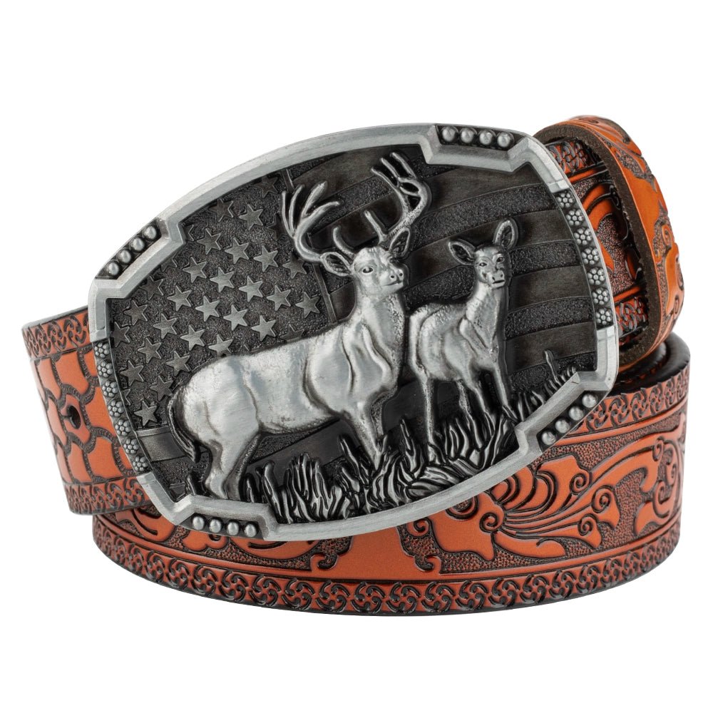 Embossed Country Leather Western Belt with Double Deer Buckle - CowderryBeltSaddle Tan