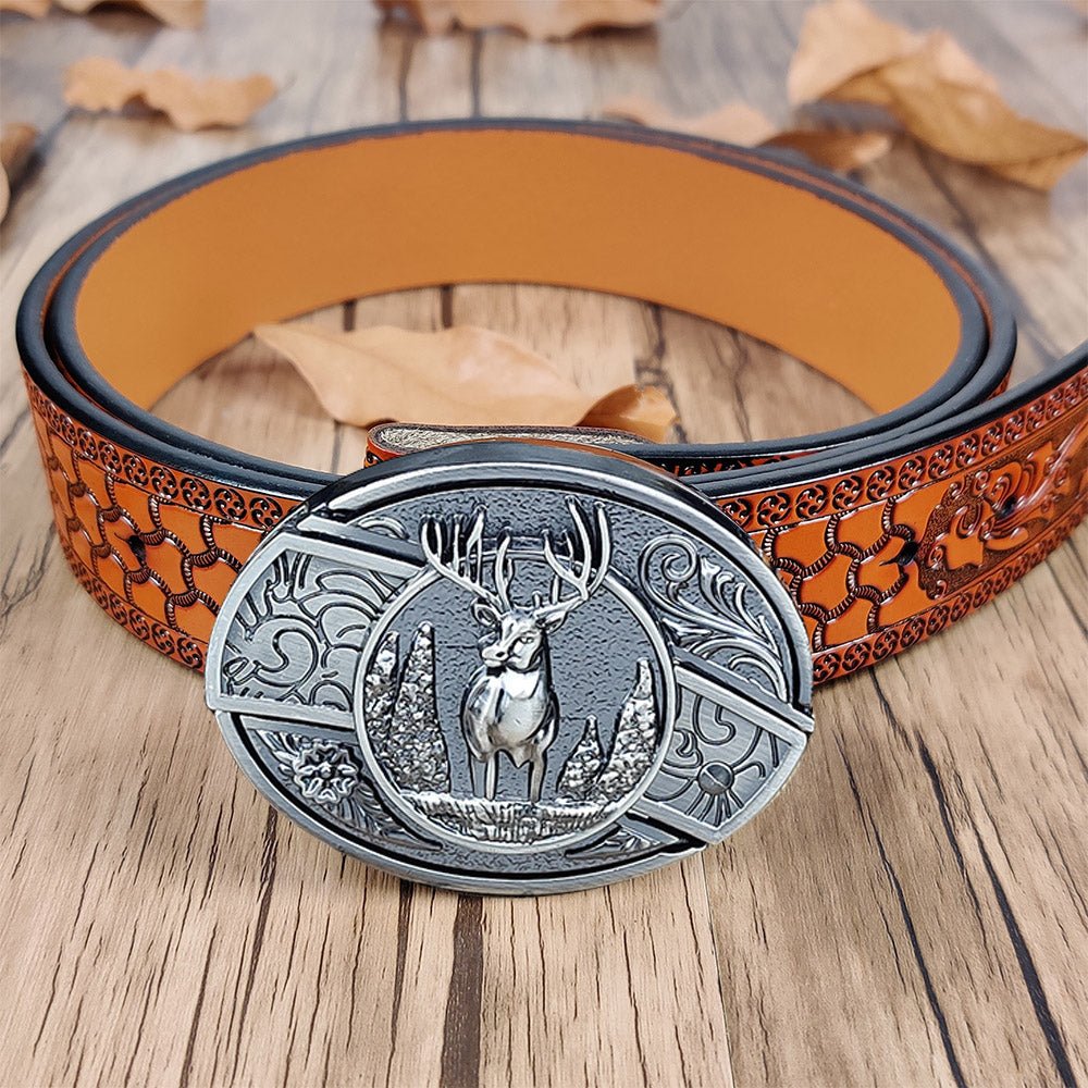 Embossed Country Utility Belt with Cool Oval Belt Buckle - CowderryBeltsElk