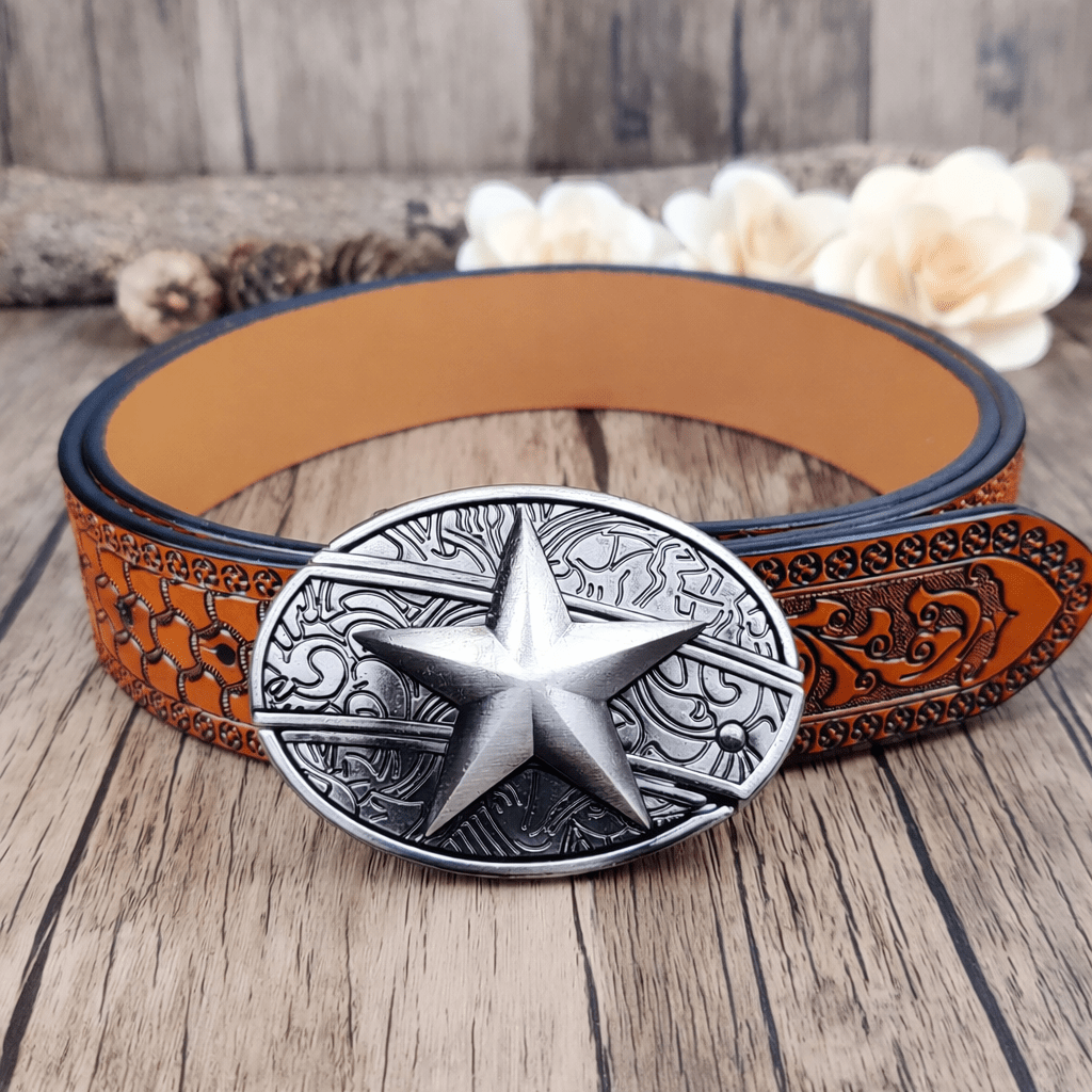 Embossed Country Utility Belt with Cool Oval Belt Buckle Sunflower / 40-46 (Fit Waist 38-44 in)