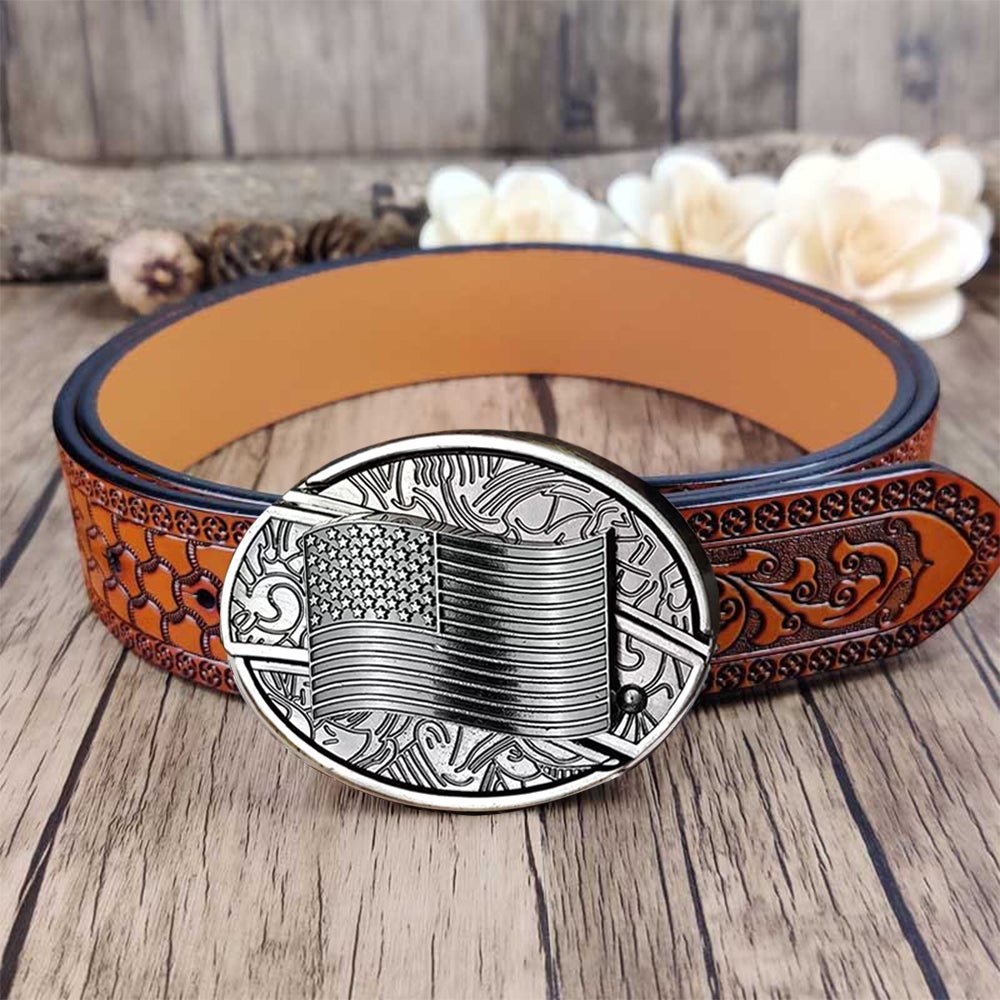 Embossed Country Utility Belt with Cool Oval Belt Buckle - CowderryBeltsUSA Flag