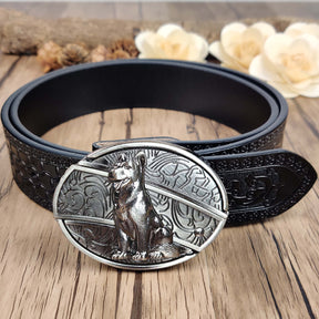 Embossed Country Utility Black Belt with Cool Oval Belt Buckle - CowderryBeltDog