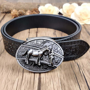 Embossed Country Utility Black Belt with Cool Oval Belt Buckle - CowderryCowgirl