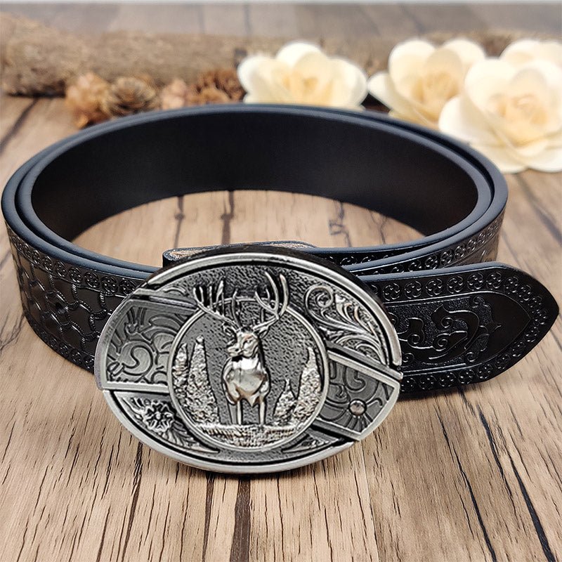 Embossed Country Utility Black Belt with Cool Oval Belt Buckle - CowderryElk