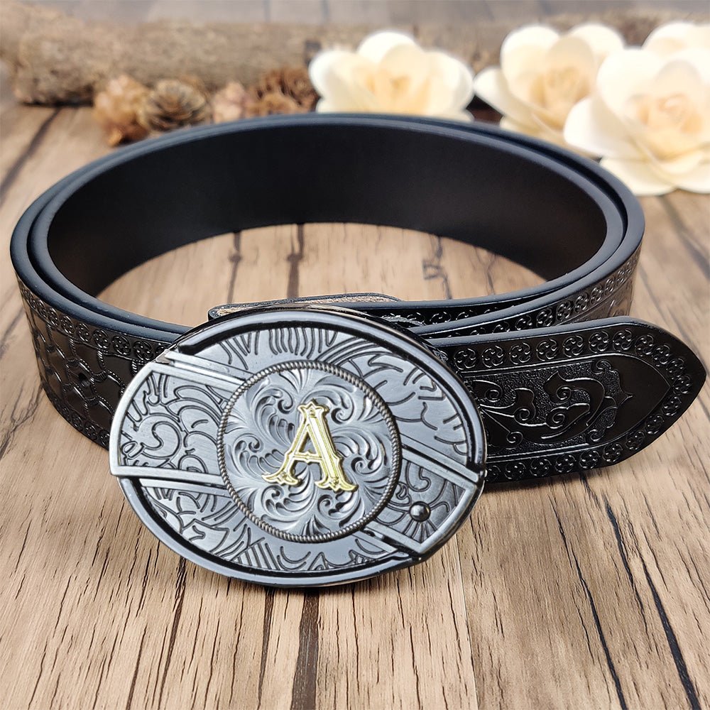 Embossed Country Utility Black Belt with Initial Buckle - CowderryA