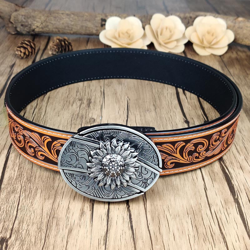 Western Floral Belt With Cool Belt Buckle