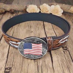 Feather Embossed Belt With Cool Oval Buckle - CowderryAmerican flag