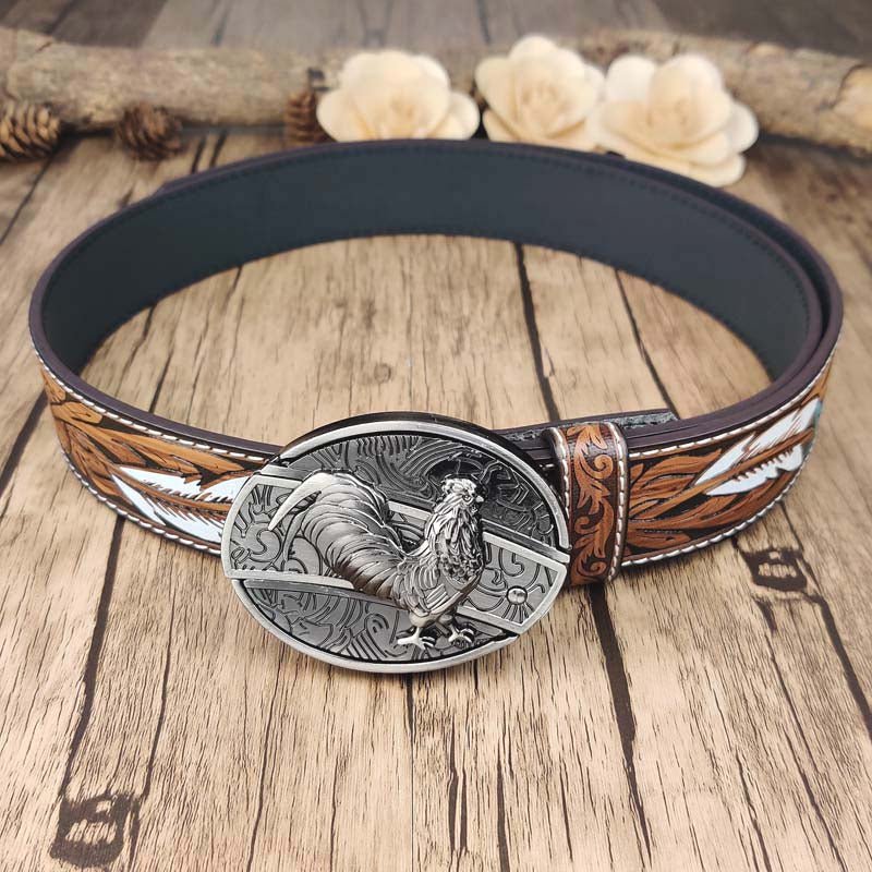 Feather Embossed Belt With Cool Oval Buckle - CowderryChicken