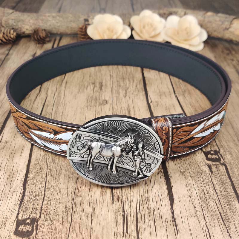 Feather Embossed Belt With Cool Oval Buckle - CowderryCowgirl