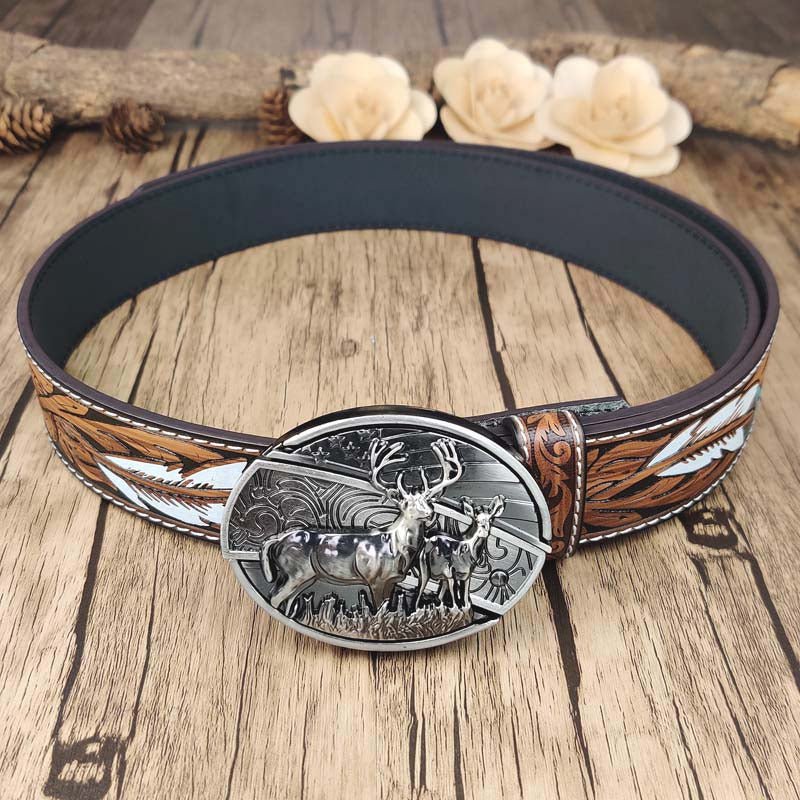 Feather Embossed Belt With Cool Oval Buckle - CowderryDeer