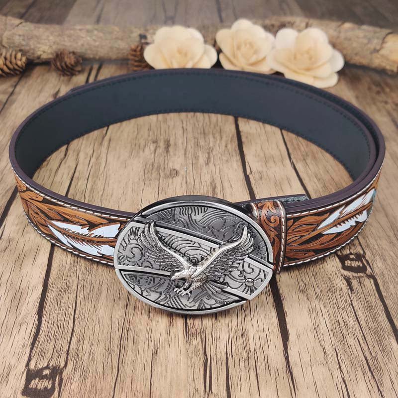 Feather Embossed Belt With Cool Oval Buckle - CowderryEagle