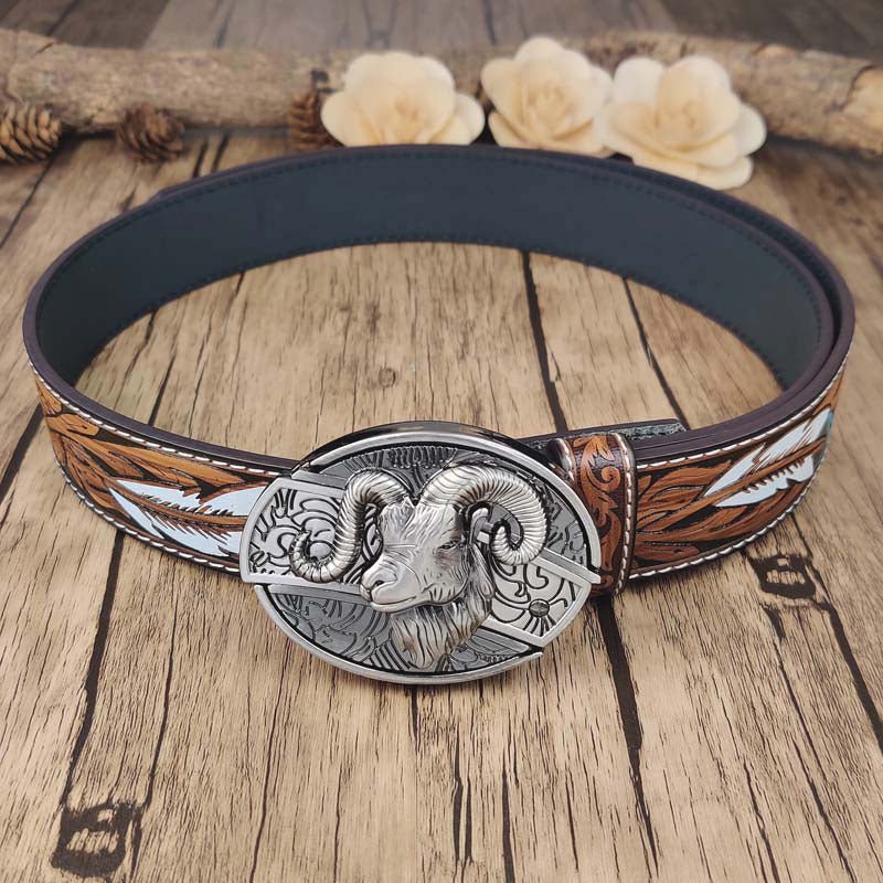 Feather Embossed Belt With Cool Oval Buckle - CowderryGoat