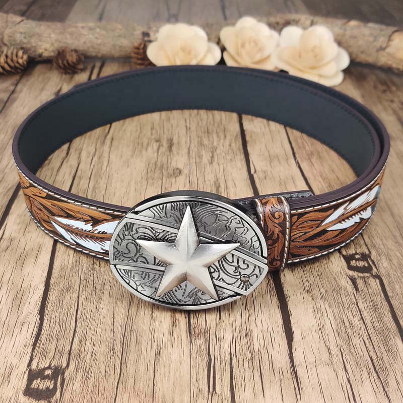 Feather Embossed Belt With Cool Oval Buckle - CowderryLone Star