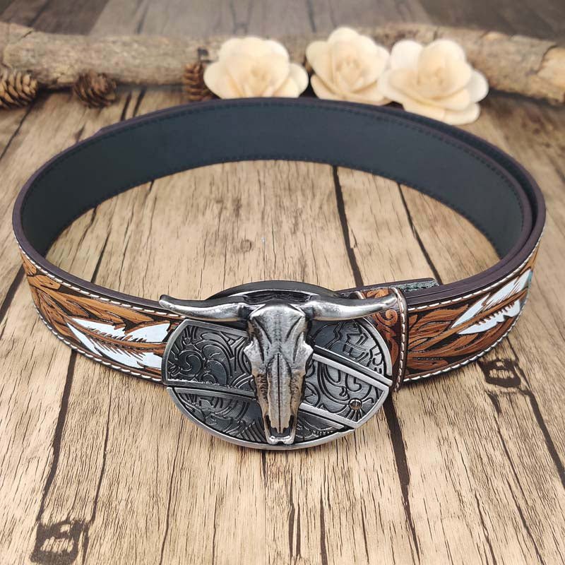 Feather Embossed Belt With Cool Oval Buckle - CowderryLonghorn